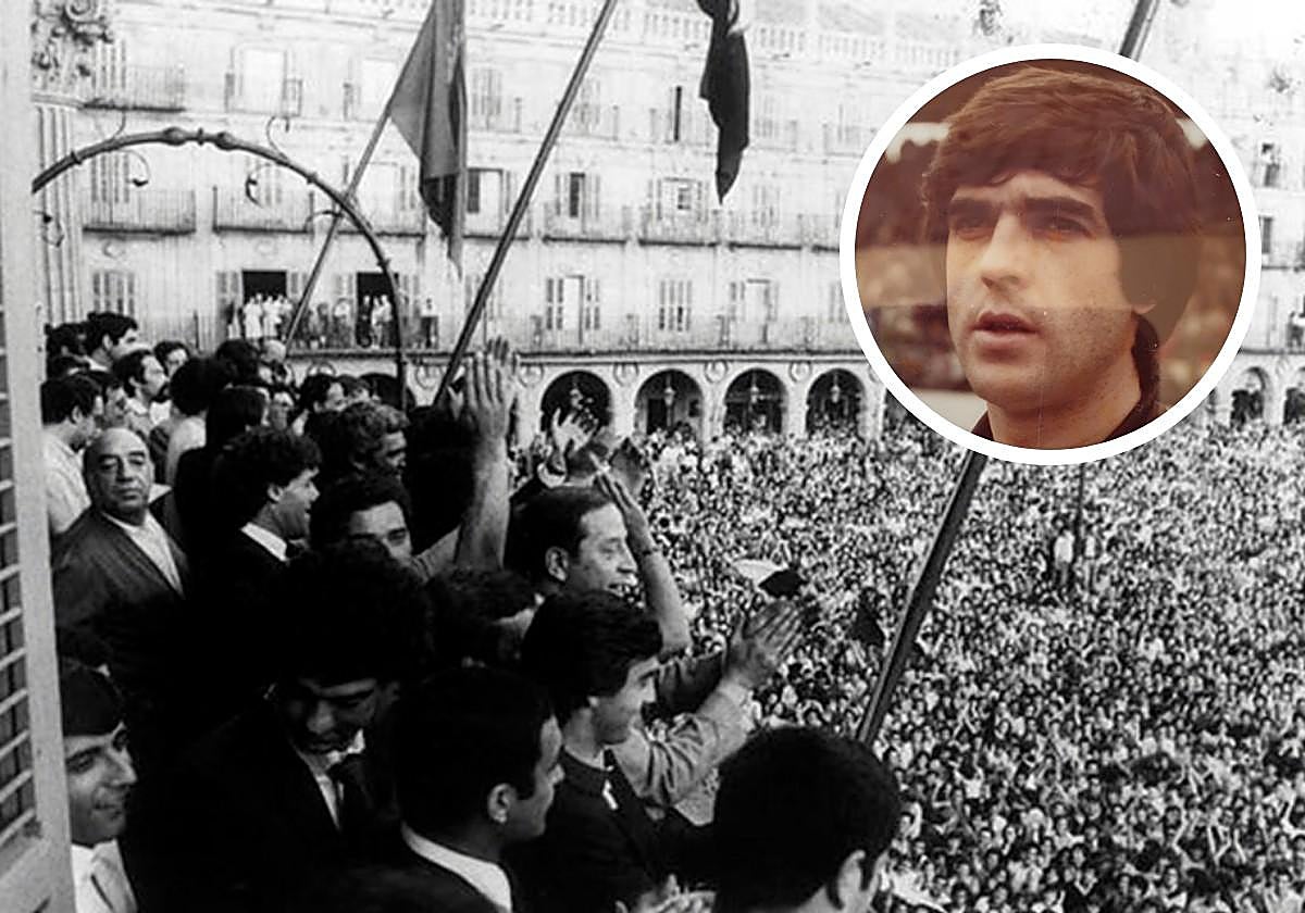 Celebración del segundo ascenso de la historia a Primera de la UD Salamanca en la Plaza Mayor y, a la derecha, Bezares.