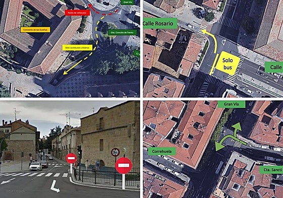 La nueva dirección de Arroyo de Santo Domingo, el giro del bus en Canalejas, el de Gran Vía a la izquierda y la dirección prohibida en Arroyo de Santo Domingo.