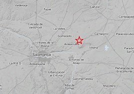 Mapa donde se registró el epicentro del terremoto en Salamanca, en la localidad de Cabezabellosa de la Calzada.