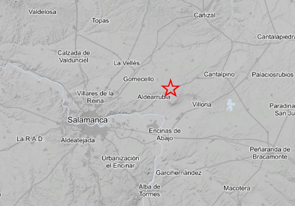 Mapa donde se registró el epicentro del terremoto en Salamanca, en la localidad de Cabezabellosa de la Calzada.
