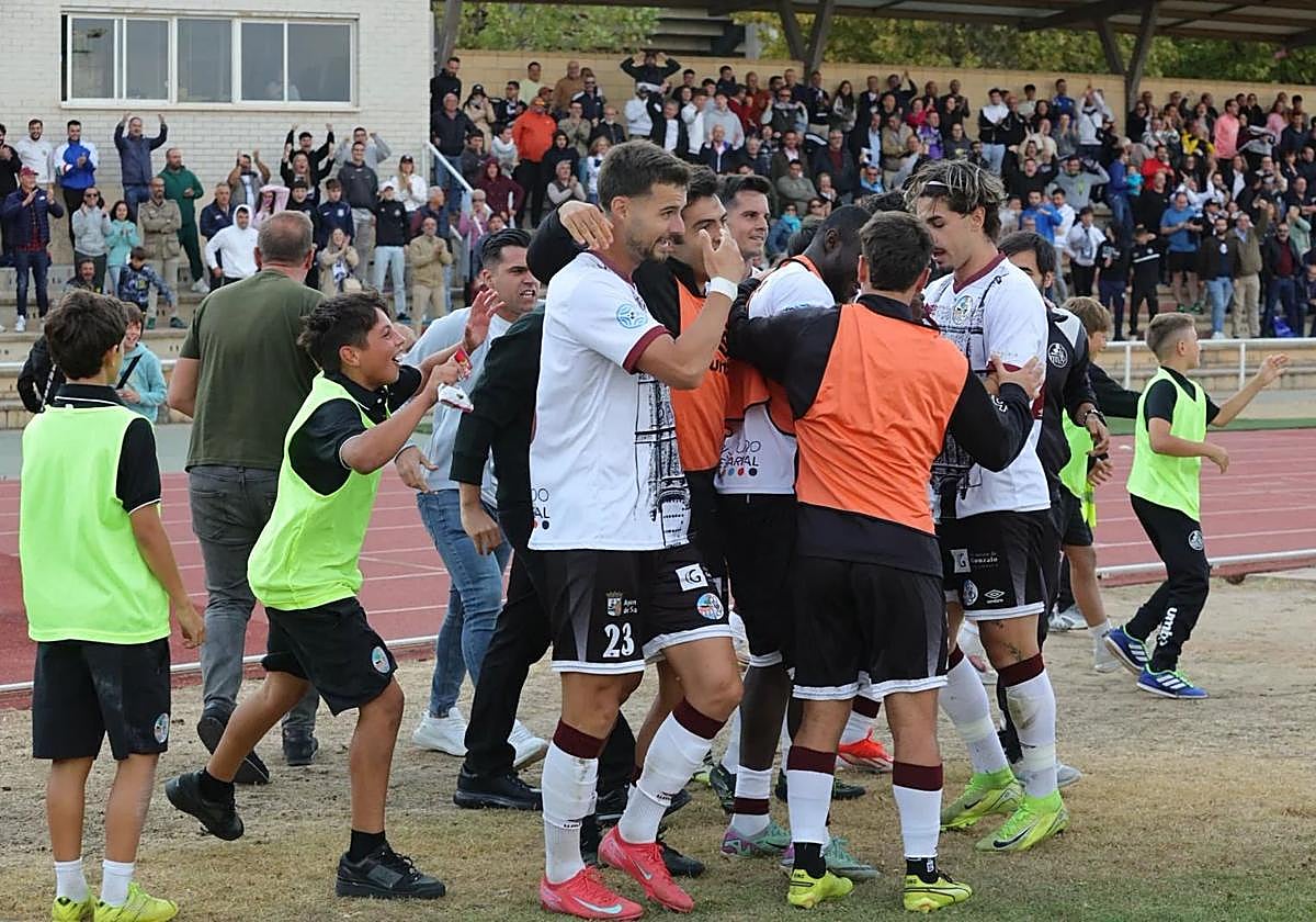 Los jugadores del Salamanca UDS celebran el tanto de la victoria ante el Ourense en el tramo final del partido en Las Pistas.
