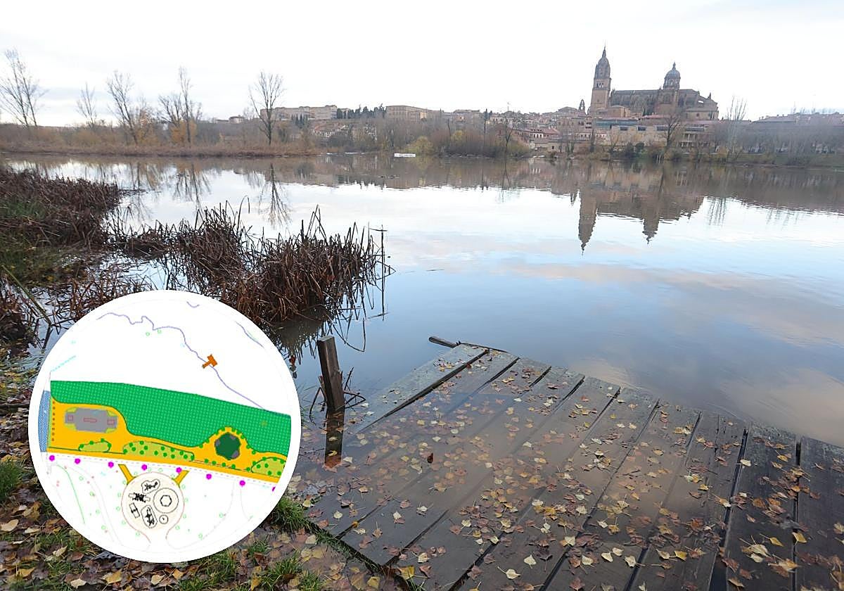 Embarcadero sobre el Tormes a su paso por Salamanca y a la izquierda, el plano de alguna de las actuaciones previstas.