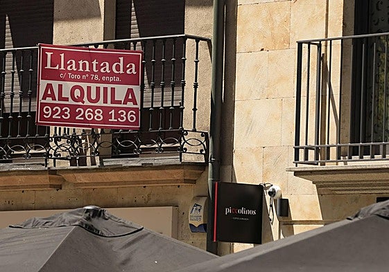 Cartel de alquiler de una vivienda en el centro de Salamanca.
