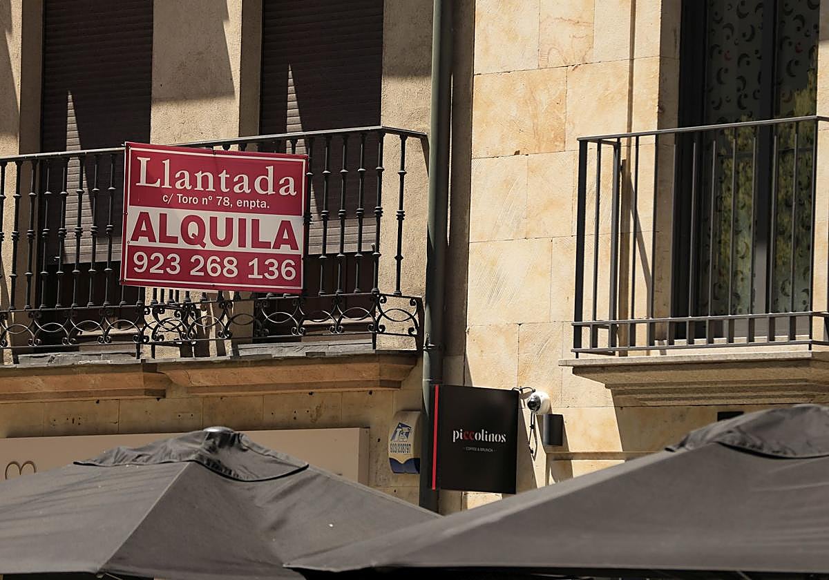 Cartel de alquiler de una vivienda en el centro de Salamanca.