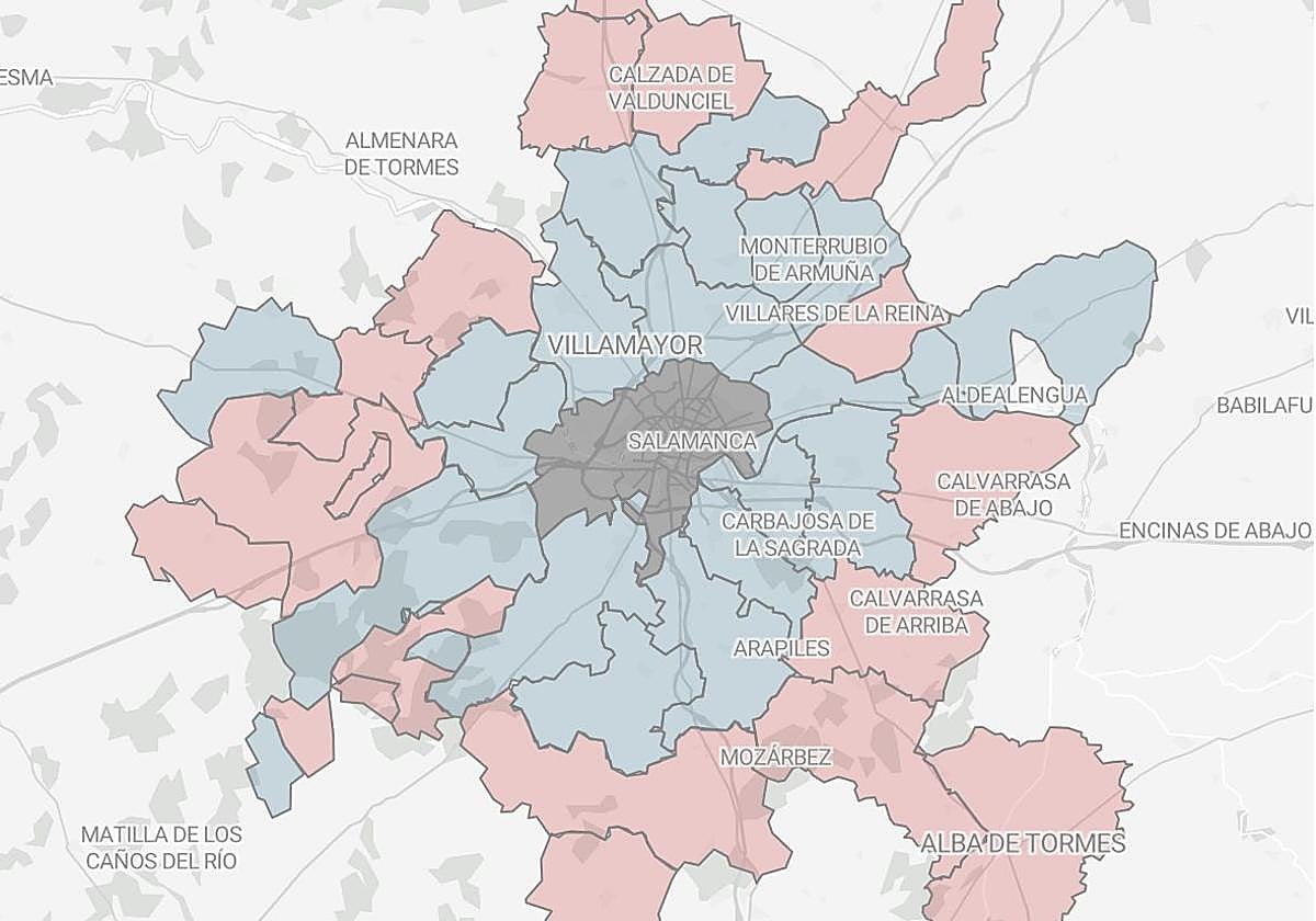 Mapa del área funcional urbana de Salamanca con las antiguas y nuevas localidades que la integran.