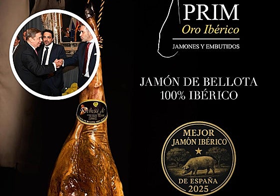 El premio nacional otorgado a Jamón Prim y, a la izquierda, el Ministro Planas felicitando a los premiados.