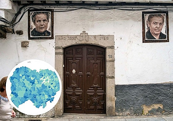 Retratos de Florencio Maíllo en el pueblo salmantino de Mogarraz y, a la izquierda, el mapa de Salamanca con los datos de viviendas unipersonales de toda la provincia.
