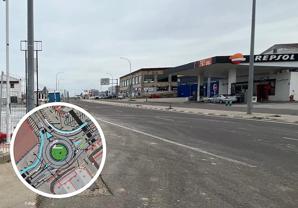 Polígono de Los Villares en Villares de la Reina y, a la izquierda, el diseño de la nueva rotonda.
