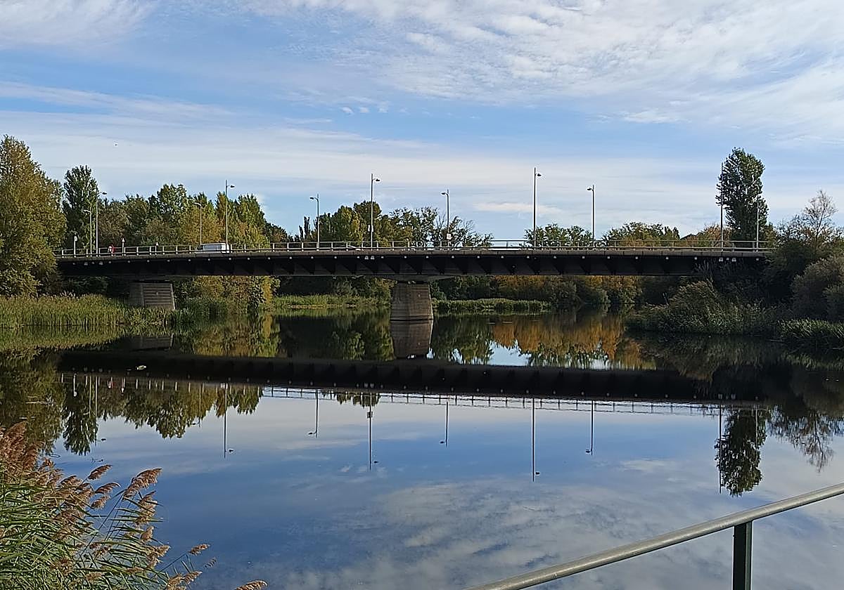 El puente Juan Carlos I, reflejado sobre las aguas del río Tormes.