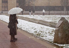 Una estudiante en el campus de la Universidad de Salamanca en un día de mucha nieve.