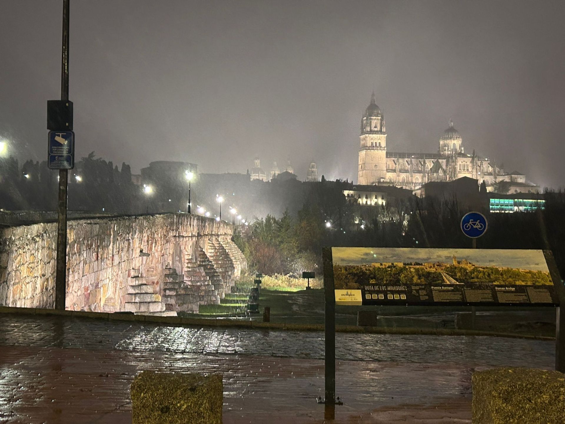 Vista de la nieve sobre la catedral desde el Puente Romano