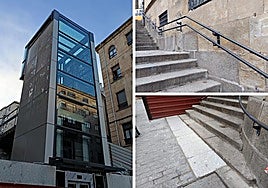 La torre del ascensor, el nuevo pasamanos y las baldosas táctiles.