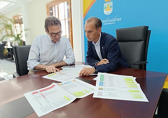 Bergillos und Lara prüfen die Pläne für die Tiefgarage.