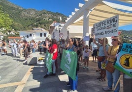 Die Demonstranten versammelten sich vor dem Stand der Esel-Taxis in Mijas Pueblo.