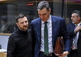 Volodímir Zelenski und Pedro Sánchez bei einer außerordentlichen Sitzung des Europarats im März.