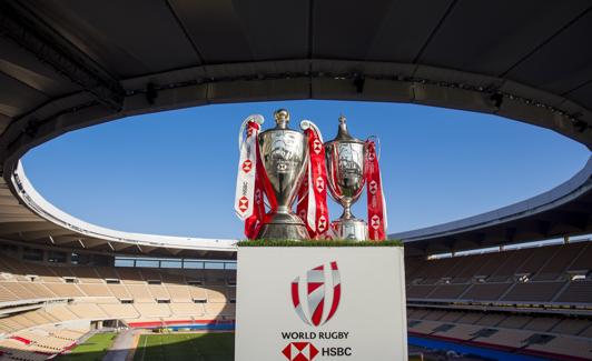 The World Rugby Sevens Series trophies in La Cartuja stadium. 