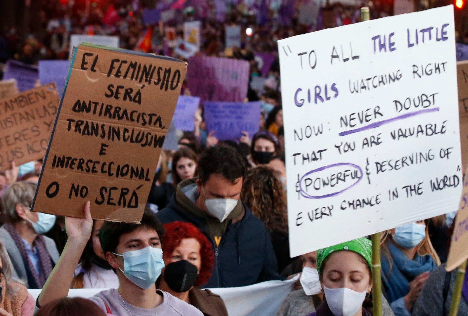 Protestors take to the streets of Malaga on Tuesday, 8 March 2022.