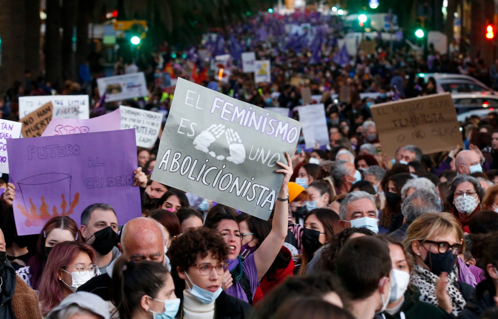 Protestors take to the streets of Malaga on Tuesday, 8 March 2022.