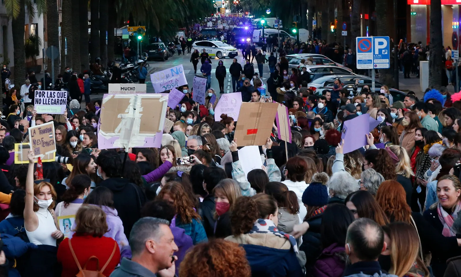 Protestors take to the streets of Malaga on Tuesday, 8 March 2022.
