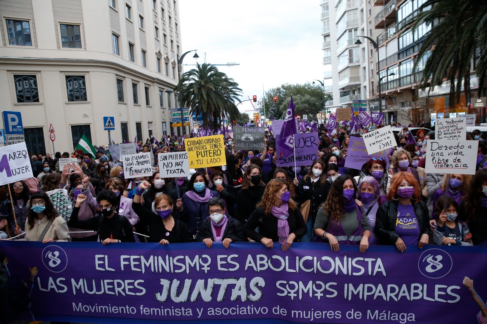 Protestors take to the streets of Malaga on Tuesday, 8 March 2022.
