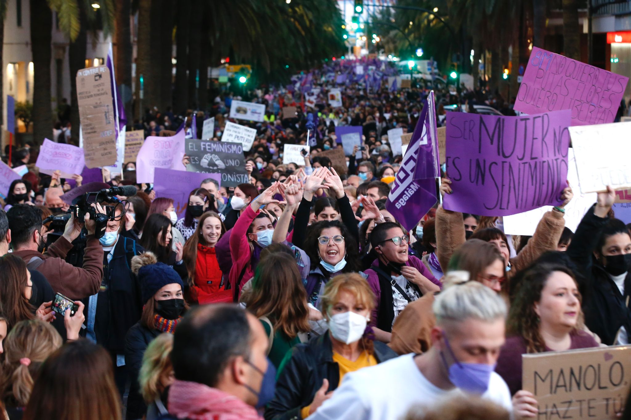 Protestors take to the streets of Malaga on Tuesday, 8 March 2022.
