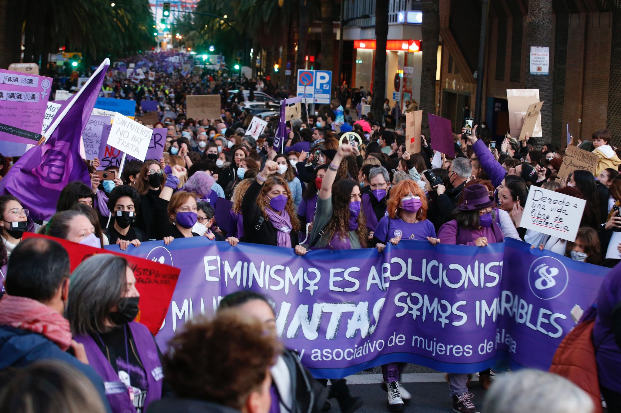 Protestors take to the streets of Malaga on Tuesday, 8 March 2022.