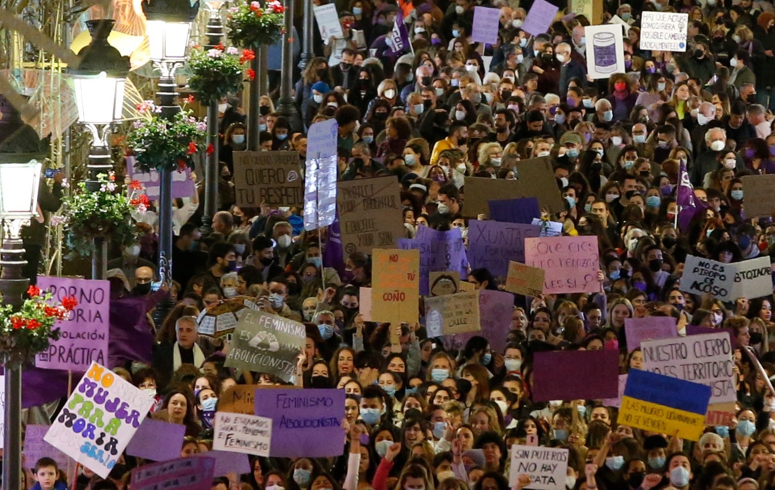 Protestors take to the streets of Malaga on Tuesday, 8 March 2022.