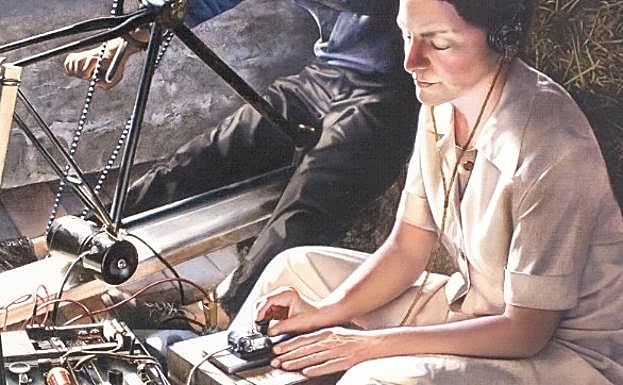 Part of a painting of Virginia Hall at work.