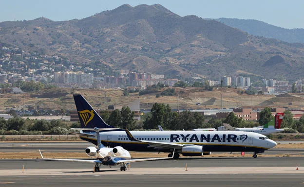 A Ryanair plane on the tarmac at Malaga Airport.