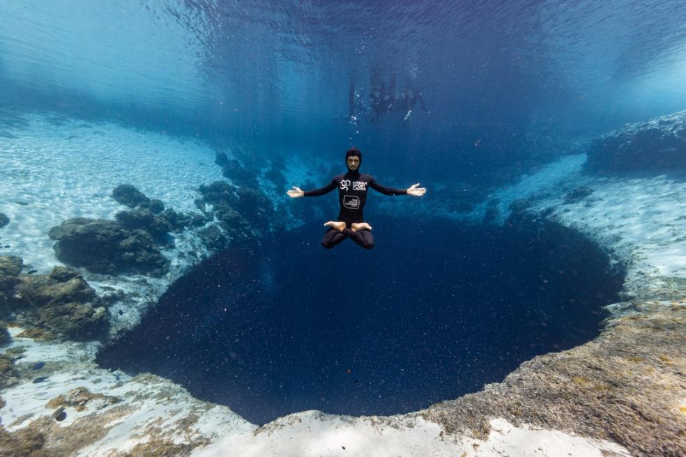 Davide Carrera at the entrance of Dean's Blue Hole. 