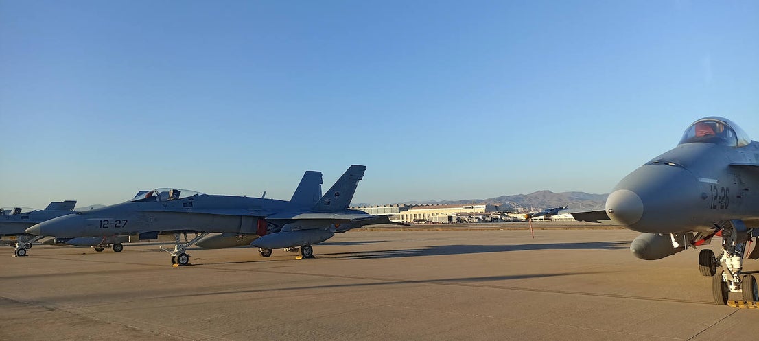 F-18 fighters fly over the surroundings of the airport and the Bay of Malaga 