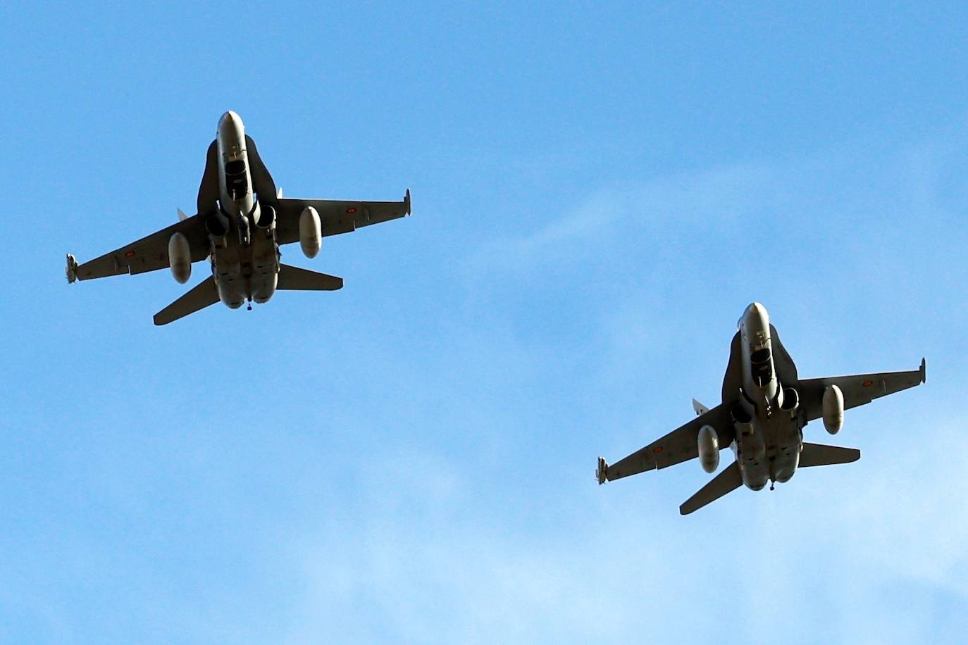 F-18 fighters fly over the surroundings of the airport and the Bay of Malaga 