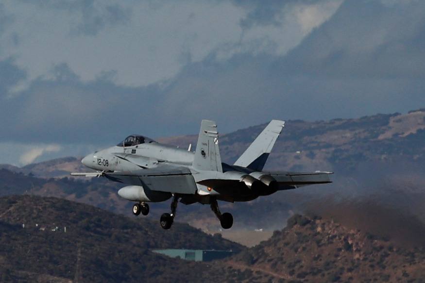 F-18 fighters fly over the surroundings of the airport and the Bay of Malaga 