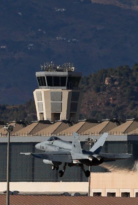 F-18 fighters fly over the surroundings of the airport and the Bay of Malaga 