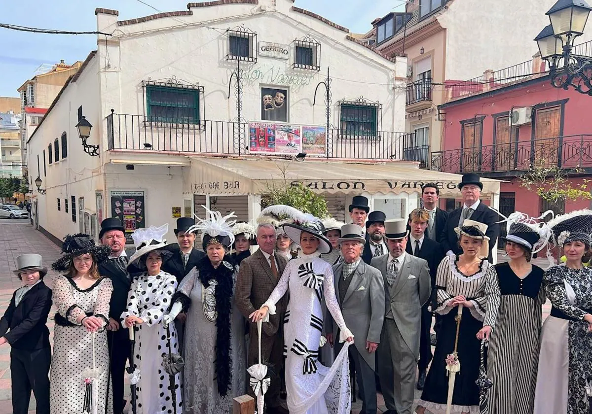 The cast of My Fair Lady outside the Salón Varietés Theatre in Fuengirola during a dress rehearsal.