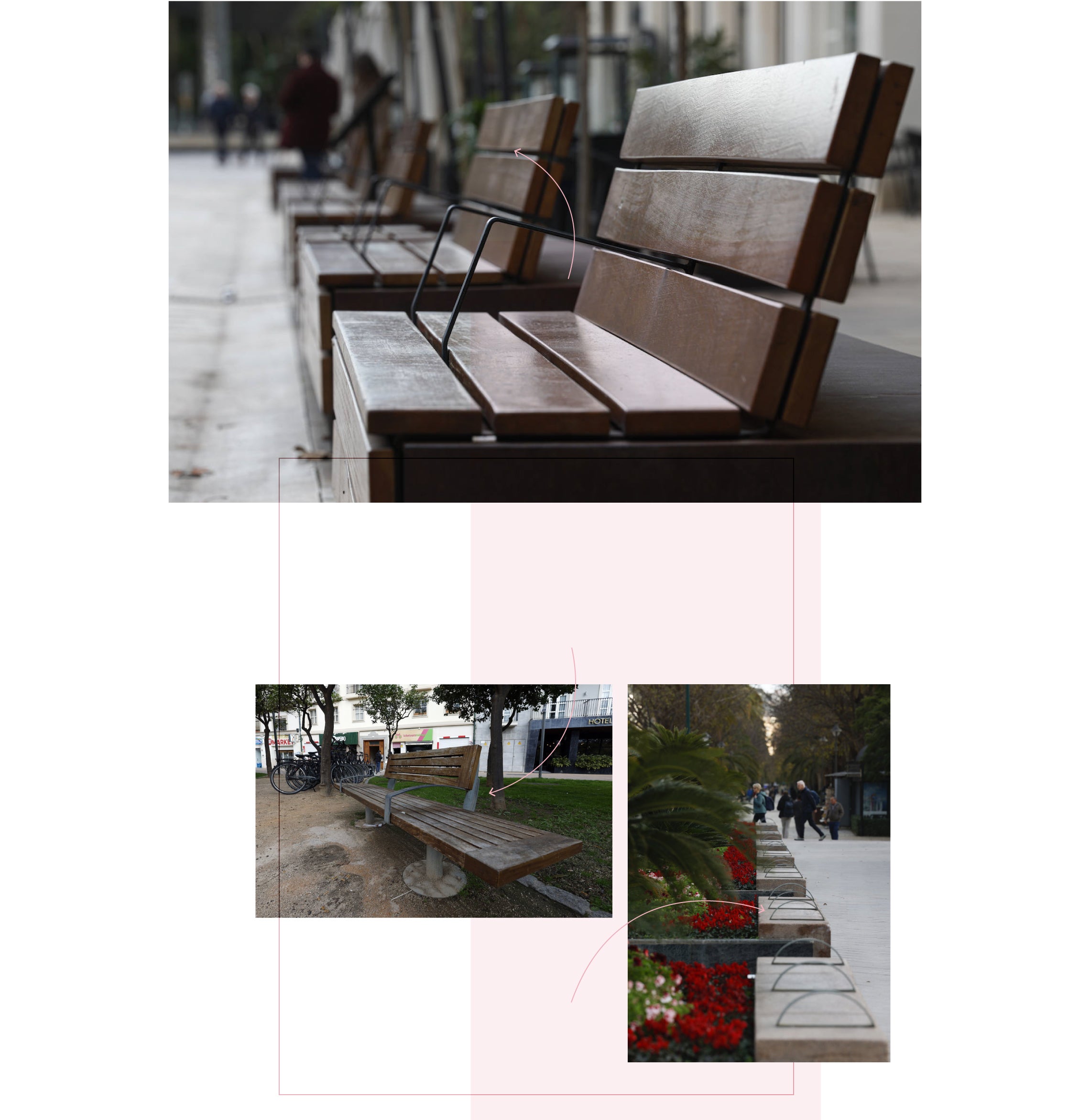 Benches with dividing armrests to prevent people lying on the them.