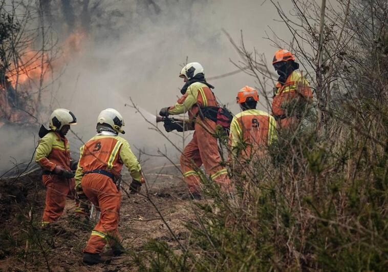 Firefighters from Asturias work on the fire in the council areas of Valdés and Tineo.