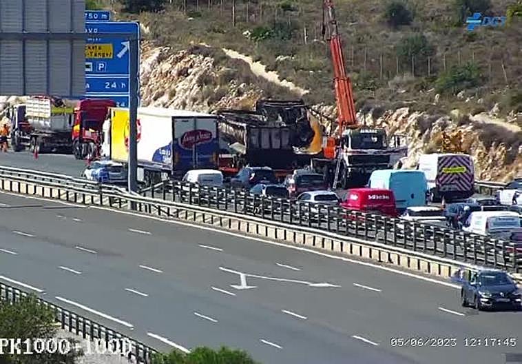 The remains of the burnt-out lorry.