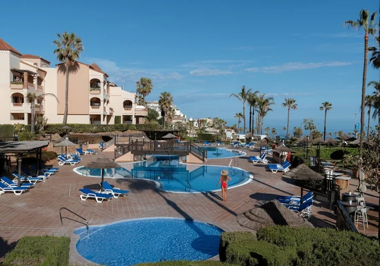 View of the swimming pool area of a hotel on the Costa del Sol.