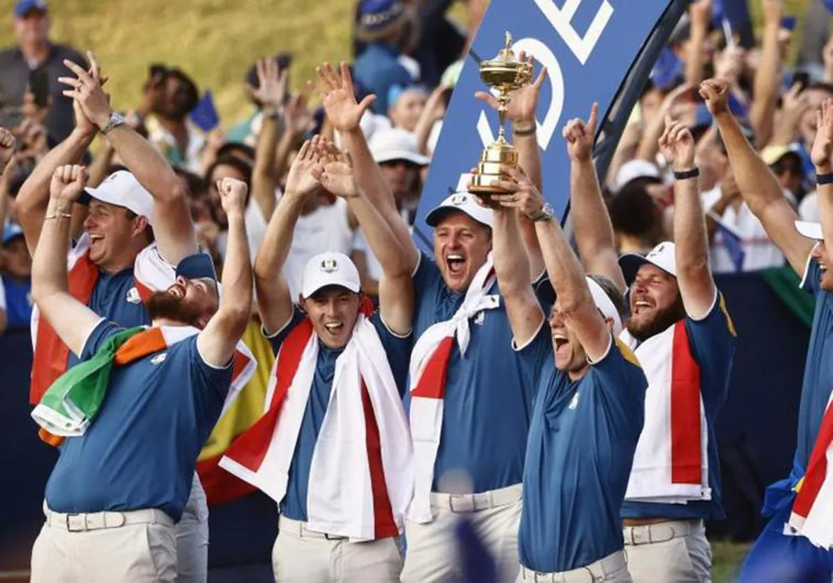 Europe celebrate their victory at the Marco Simone Golf and Country Club.