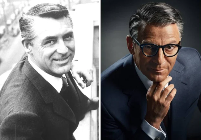 Cary Grant (left) and actor Jason Isaacs playing the role of the Hollywood star.