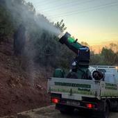 Workers spray the bacterial solution to prevent caterpillars from thriving.