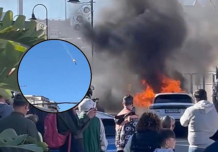 Photo of the blaze and, inset, the part of the vehicle that flew through the air after the explosion.