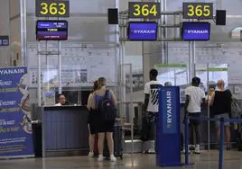 Ryanair check-in desks at Malaga Airport.