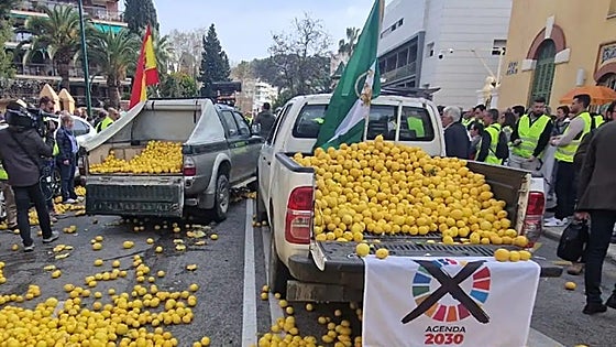Tensions rise as farmers dump truck loads of lemons on road during latest tractor rally and demonstration in Malaga