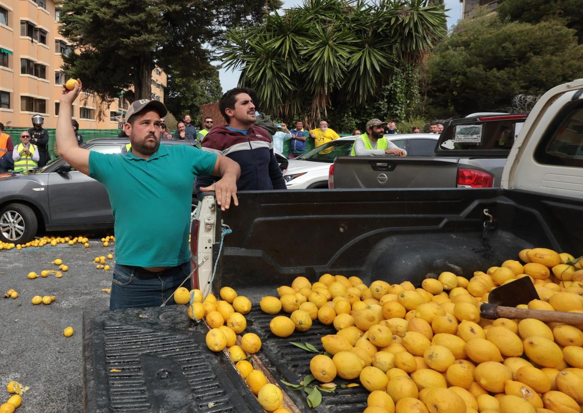 Imagen secundaria 1 - Tensions rise as farmers dump truck loads of lemons on road during latest tractor rally and demonstration in Malaga