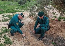 Two Pacprona agents point to an area where they discovered an illegal well, which has now been sealed.