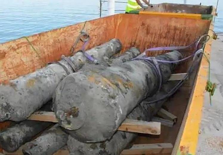 Several of the cannons that were recovered from inside the galleon.