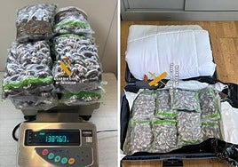 Inside the suitcase, some 1,336 hashish pellets were found, distributed in 14 vacuum-sealed packages with a total weight of 13.876 kilos.