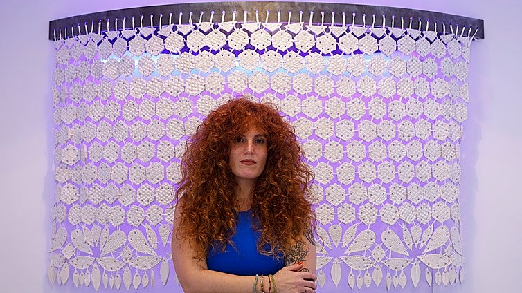 Paloma de la Cruz sews her grandmother Anita's tablecloth in clay